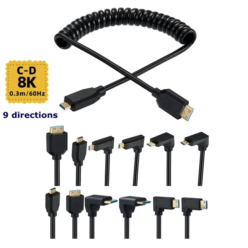 

1.2m Spring Telescopic OD 4.0mm Cable 2.1V 8k@60hz Mini HDMI-compatible With Micro HDMI-compatible with Elbow C-D Connector