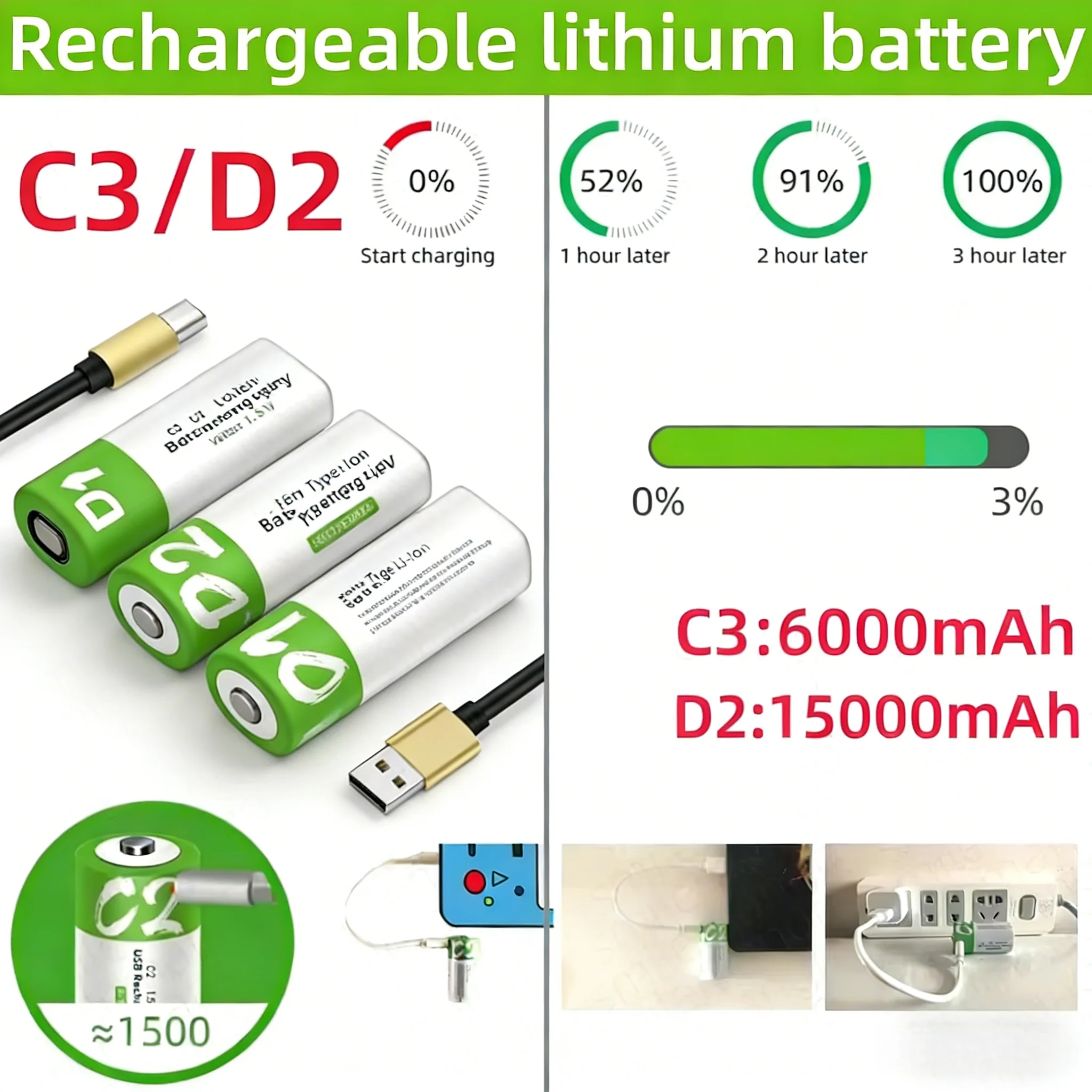 1.5V 5000mWh   C Size LR14/LR20 12000mWh D Size Li-po Rechargeable Battery Type-C Ultra-Fast Charging for Flashlight Gas Cooker