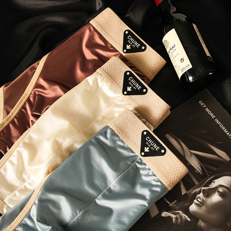 3-pack luxury ice silk satin men's briefs youth sports men's underwear breathable fashionable briefs solid color cool underpants