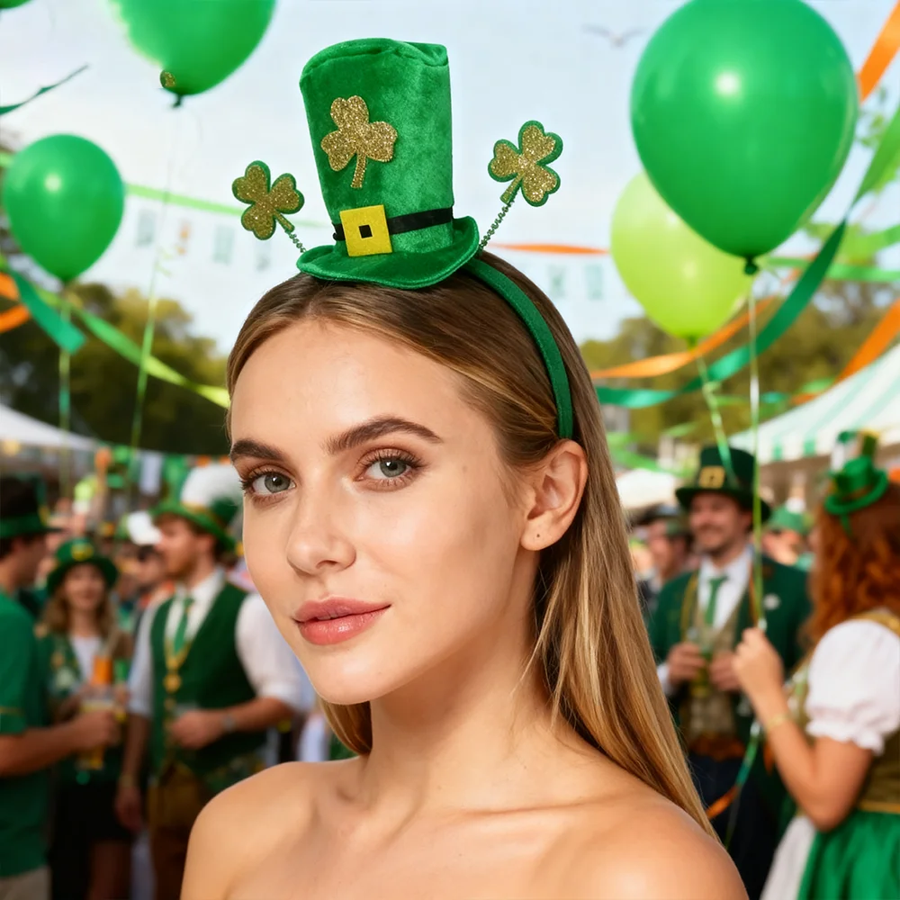 Lucky St. Patrick’s Day Costume Accessory: Plush Leprechaun Hat Headband with Glitter Shamrock – Festive Green Irish Accent