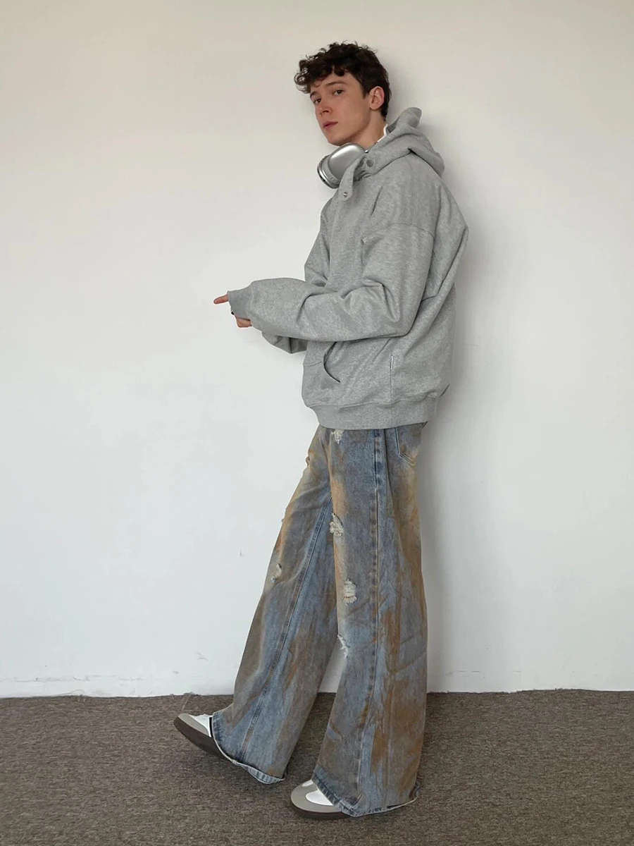 REDDACHiC 90s Retro Men Dirty Wash Baggy Jeans Destroyed Rusty High Waist Straight Wide Leg Denim Pants Grunge Y2k Streetwear