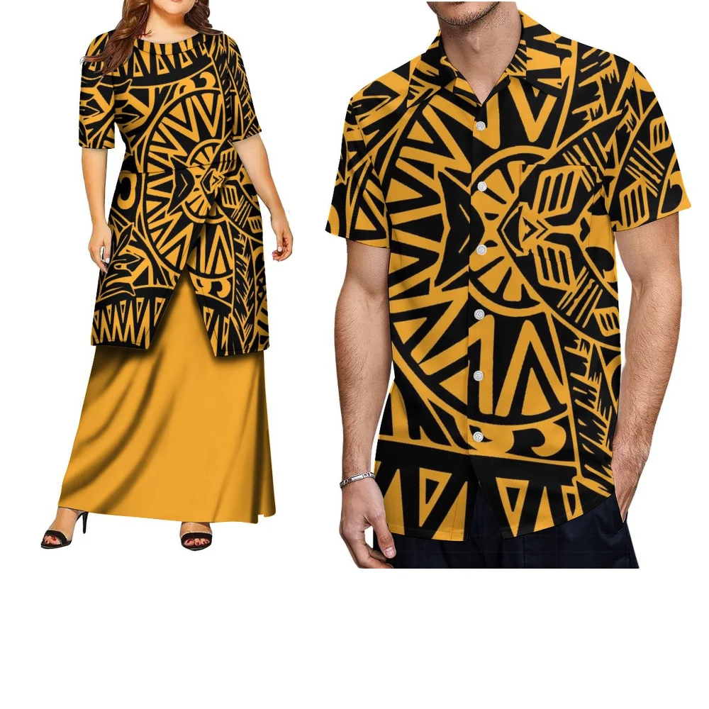 Retro Patroon Ontwerp Polynesische Tribal Verzamelen Dames Pletasi Jurk Heren Retro Shirt Op maat gemaakte paar outfits
