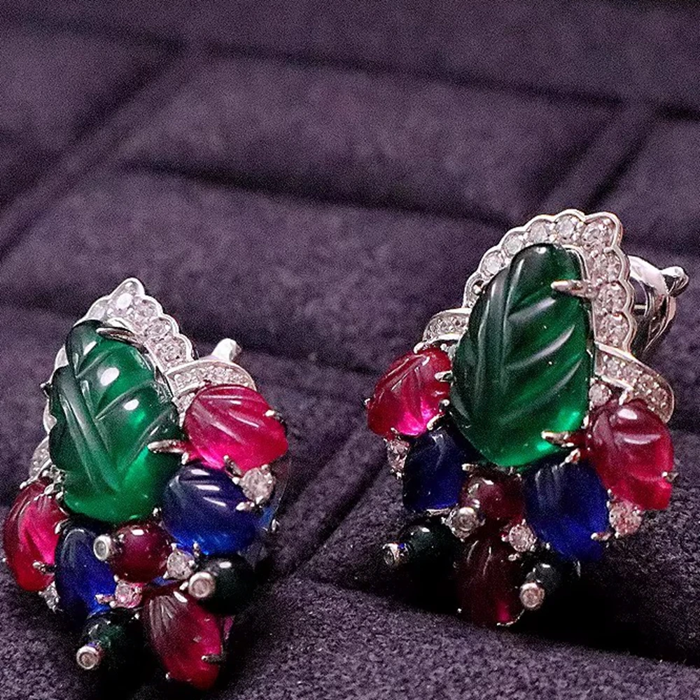 

ARIGAYA 925 Sterling Silver With Red Green Blue Engraved Gemstone Colorful Fruit Style Earrings For Women Fine Jewelry Wholesale