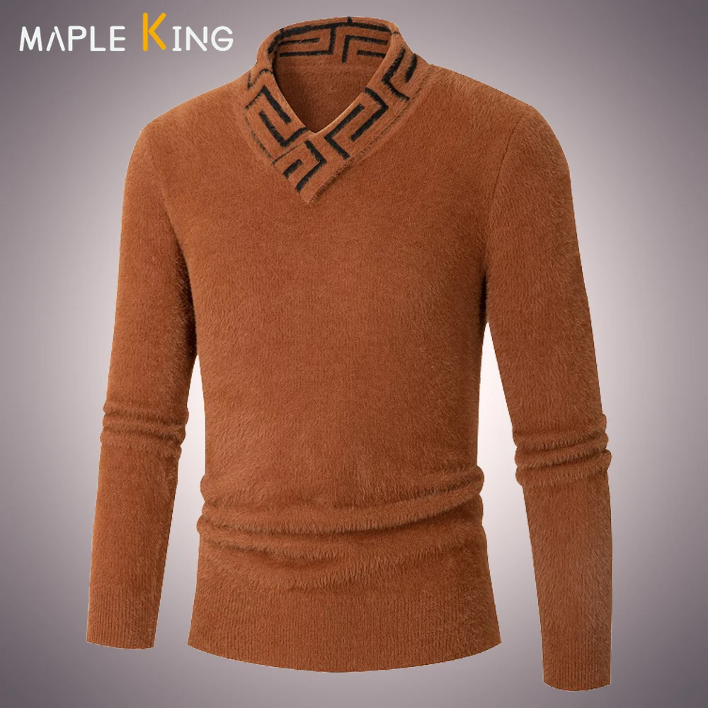 

Autumn and Winter Luxury Sweater for Men Striped V-Neck Slim Male Fleece Pullover Knitwears Asian Size Thicken Warm Pull Homme