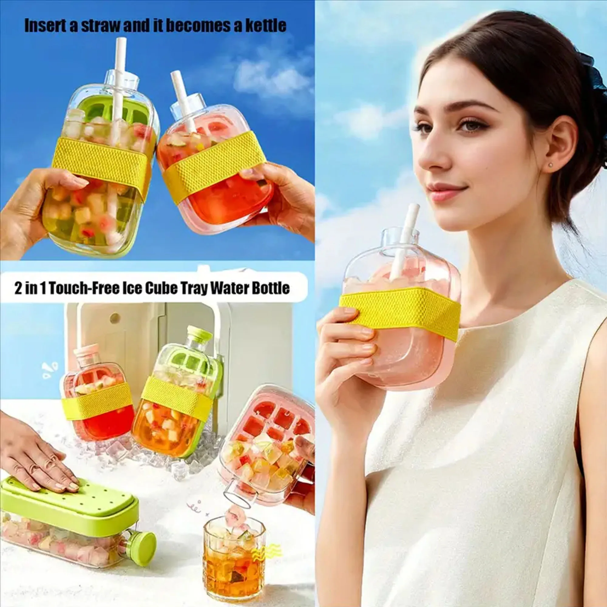 500Ml/800Ml Portable Two-In-One Press-Injection Ice Tray Ice Box Ice Mold Removable Household Food-Grade Press-Out Ice Tray with Straw Silicone Ice Tray Curling (with Straw + Straps)