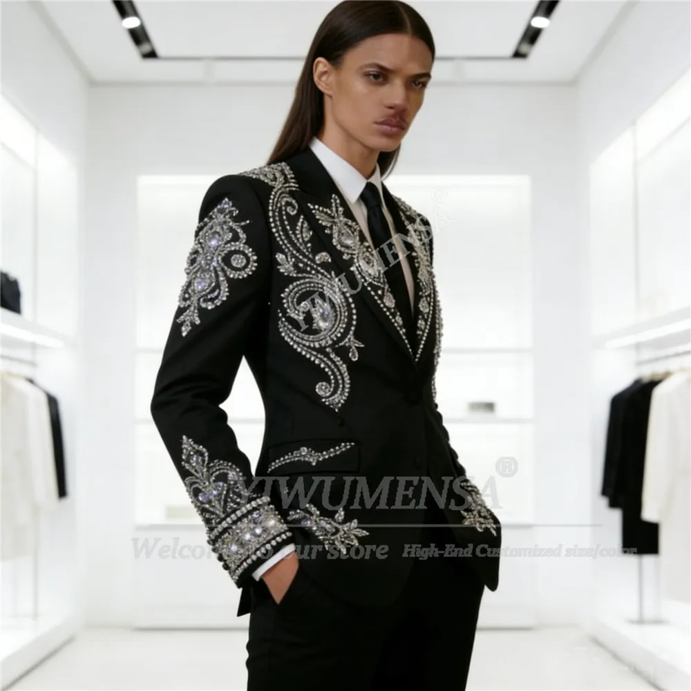 

Luxury Beaded Stones Suit Attire For Women Single Breasted Jacket Pants 2 Piece Bride's Mother Blazer Customized Wedding Tuxedos
