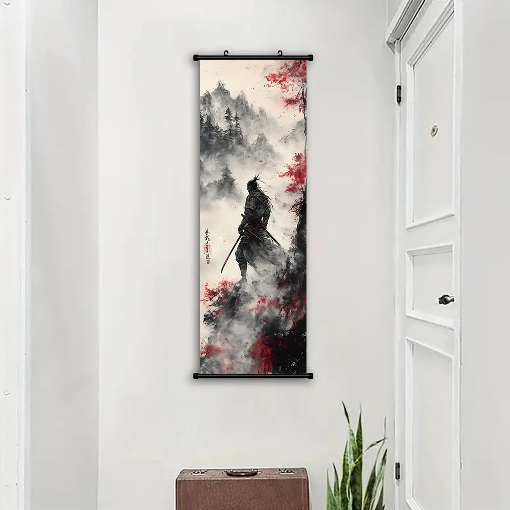 VIKAMA Samurai by Ink Mountain 3 Piece Wall Scroll Tapestry Set Sakura Ink Wash Poster Wall Decor for Living Room Study