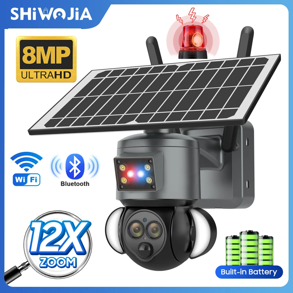 

SHIWOJIA 4K 8MP Solar Camera WIFI Bluetooth Dual Lens Security CCTV 12X Optical Zoom Humanoid Tracking Outdoor Solar Panel Cam