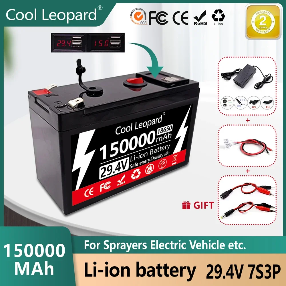 New 29.4v 150ah 18650 Lithium Battery Pack High Current Built-In BMS Built-In 5v 2.1a With USB Power Display Port + Charger