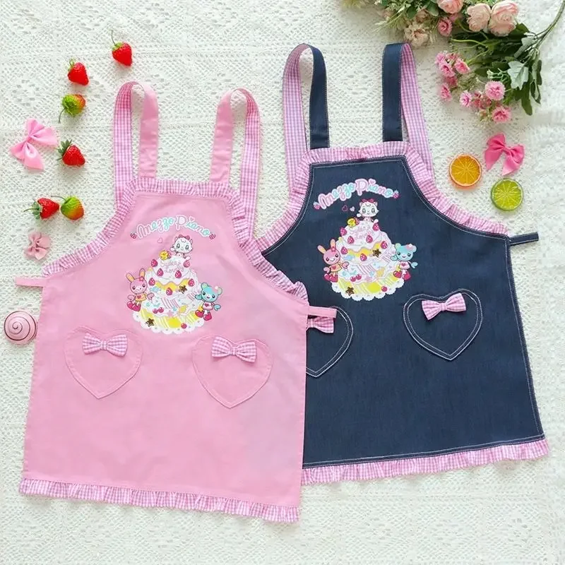 Japanese Sweet Cartoon Bow Love Apron 2024 New Children Overalls Household Clothes Fairy Y2k Aesthetic Dustcoat Girl Pinafore