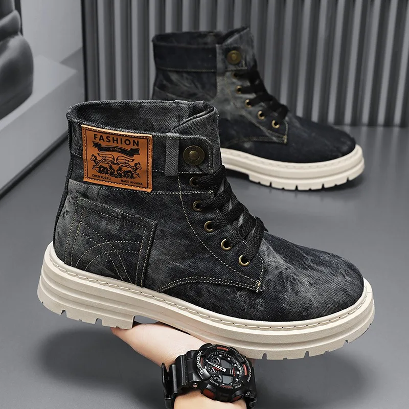 Botas jeans masculinas de cano alto, roupa de trabalho retrô ocidental, botas curtas casuais de tecido respirável, sapatos masculinos, botas de plataforma da moda