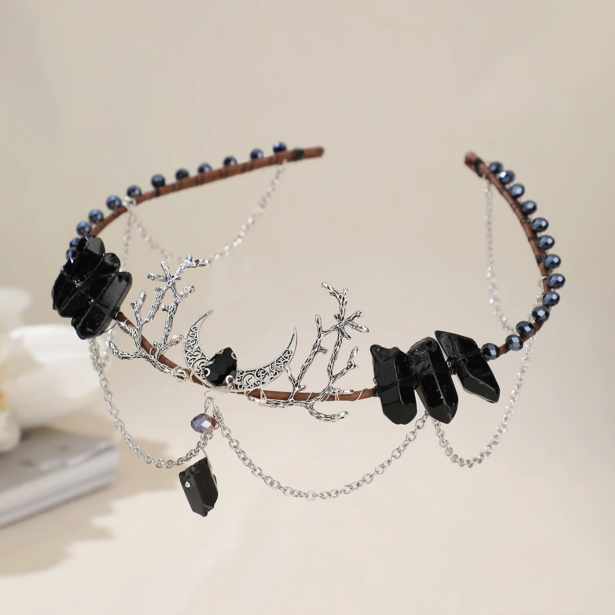 Baroque Vintage Black Natural Stone Tiaras Headbands For Women Moon Crystal Rhinestone Hairbands Wedding Hair Accessories image 4