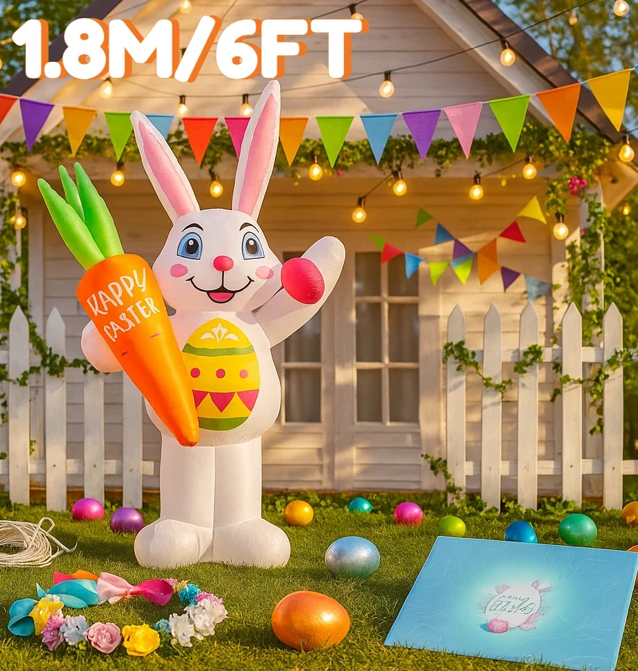 

6 футов Пасхальный праздничный надувной кролик держит морковный декор Встроенные светодиодные фонари Открытый декор двора Орнамент Пасхальный надувной