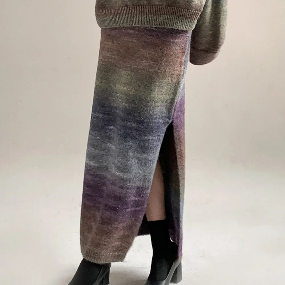 

European and American Women's Knitted Gradient Color High Waist Lifted Hip Skirt Spring High Waist Long Skirt