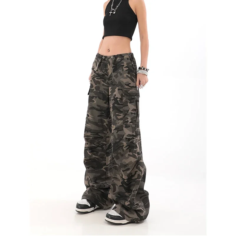 

High Street Casual Overalls Camouflage Loose Wide Leg Pants For Women Y2k Hip-hop Cargo Grunge Baggy Trousers