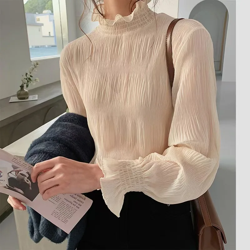 Women\'s Spring Autumn New Lace Bottoming Shirts Female Solid Loose Shirt Tops Ladies Turtleneck Long Sleeve Popular Blouses