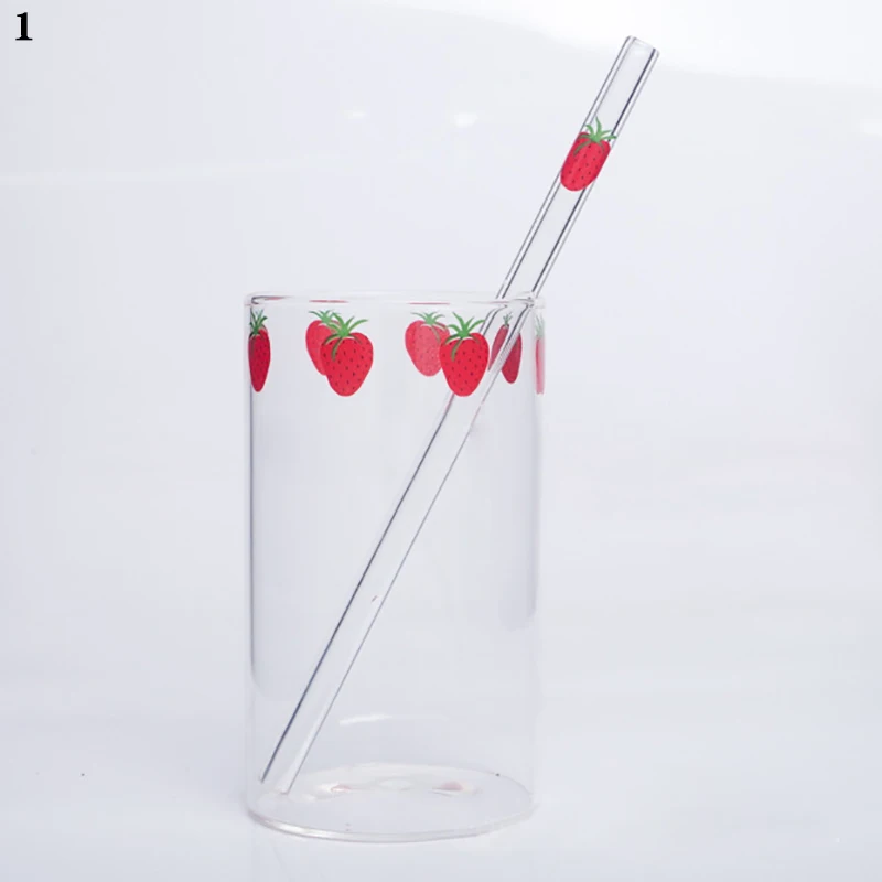 Cute Strawberry Glasses Heat Resistant Coffee Milk Water Cups with Straws Clear Cute Juice Smoothie Cold Drinks Straw Cup