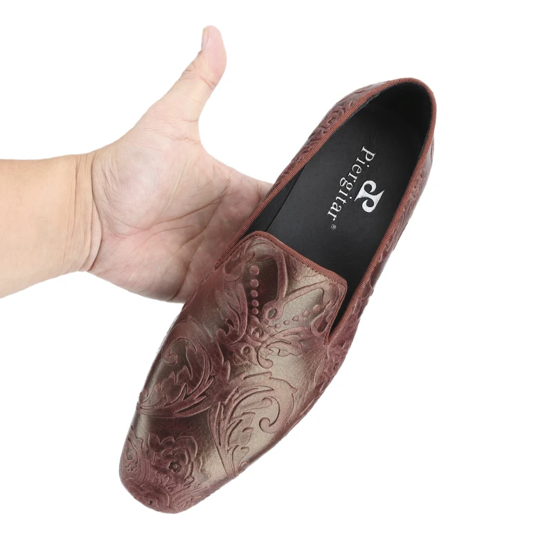 Piergitar Italian Chic Style Baroque Embossed Leather Men Loafers For Fashion Bloggers Or Art Professional Wear Classic Red Sole