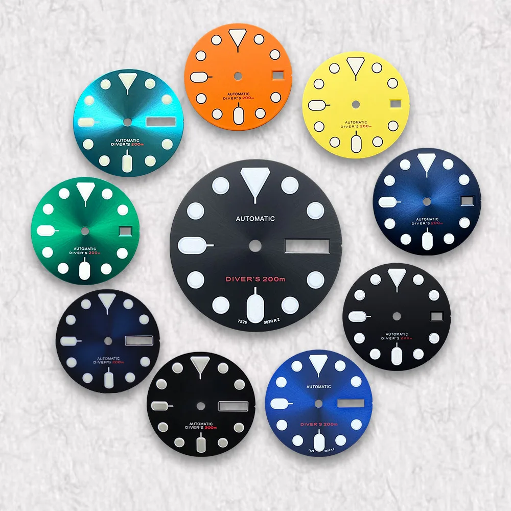 

High Quality 28.5mm S Logo Dial Fit NH35/NH36/4R36 Movement C3 Green Luminous Matte/Sunburst Dial Watch Accessories
