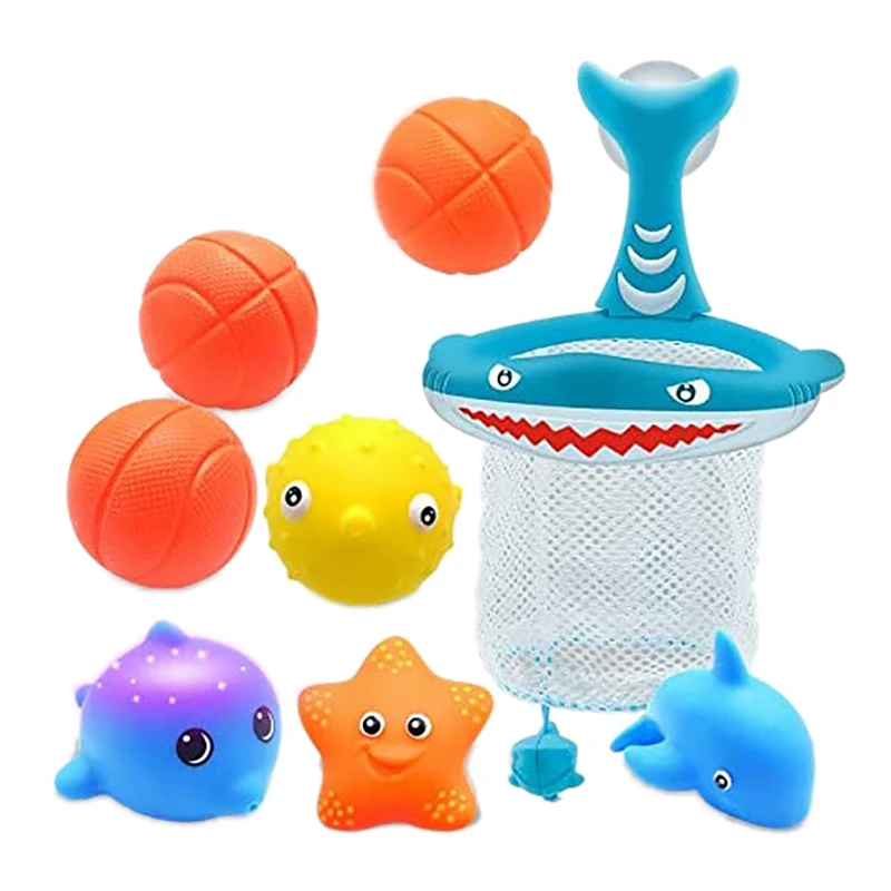 

HOT-8 Pack Bathtub Set Light Up Animal, Bath Basketball Fishes Net Suctions Water Spray Animals Toy Bath Toys Bathtub Toys