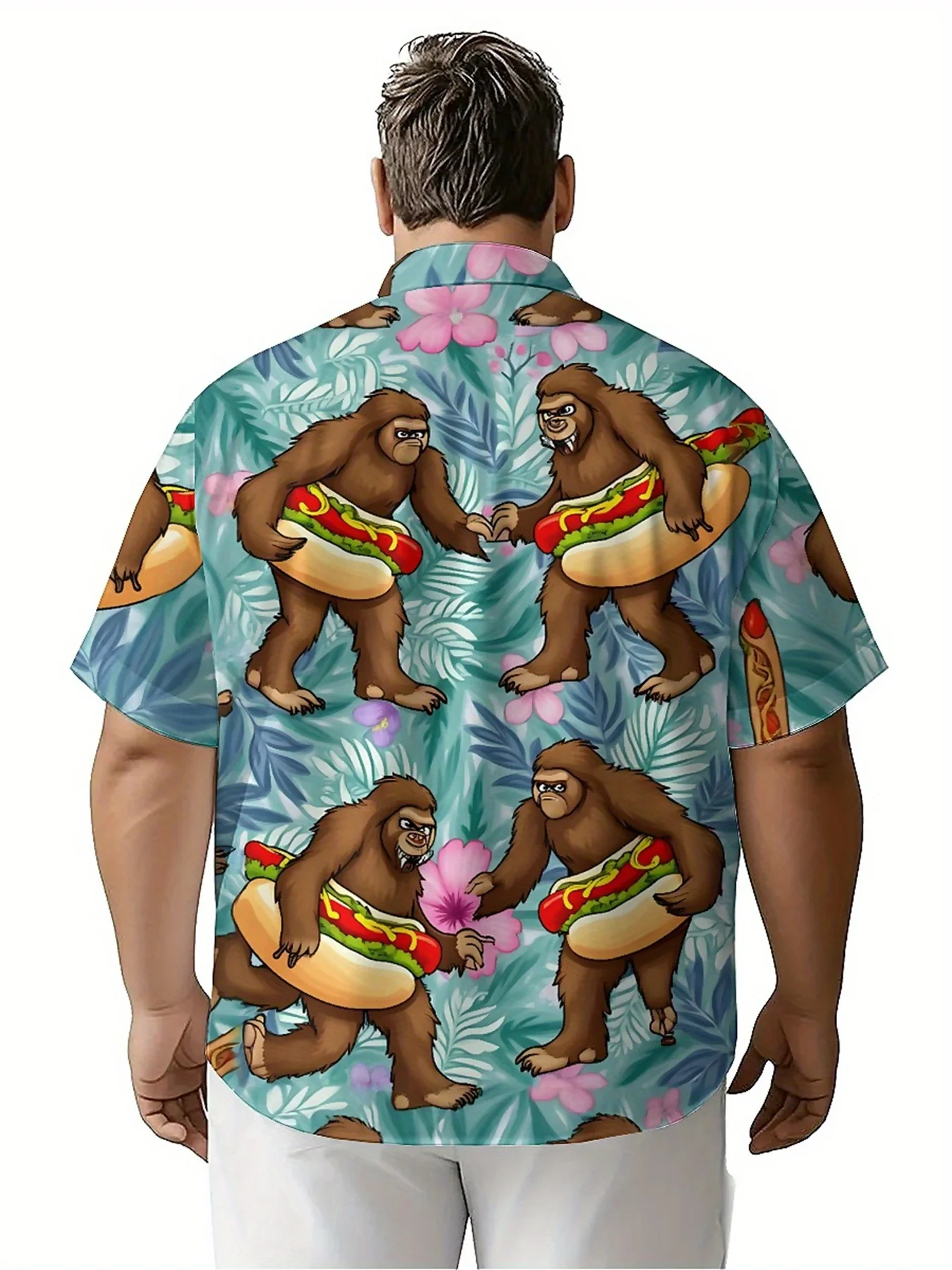 Heren Plus Size Hawaiiaanse Shirts Sasquatch Hot Dog Party-patroon, Premium Comfort Jeugdkleding, Streetwear Y2K Tops