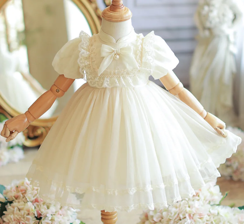 

Retail New Baby Summer Girls Boutique Bow Mesh Flower Dress, Princess Kids Sweet Fashion Party Dress 2-7 T