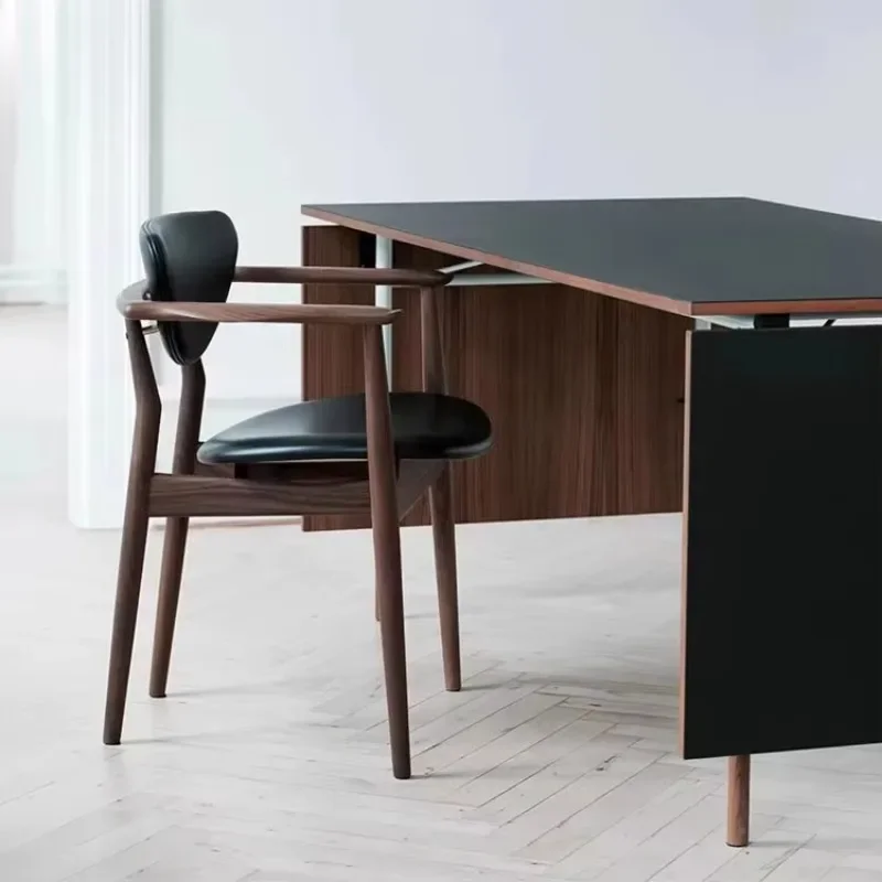 Modern Restaurant Armchair for Hotel Villa Living Room Cafe Nordic Style Black Walnut Wooden With Leather Dining Chair