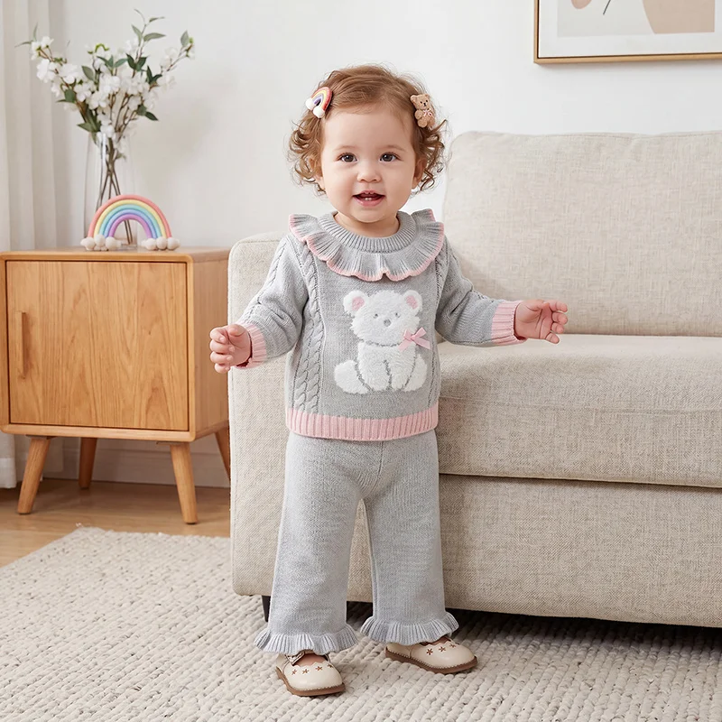 Baby Clothes Set Knit Cute Cartoon Bear Infant Sweater Long Sleeve Pants Fashion Ruffle 2PC Newborn Girl Pullover Trousers 6M-3Y