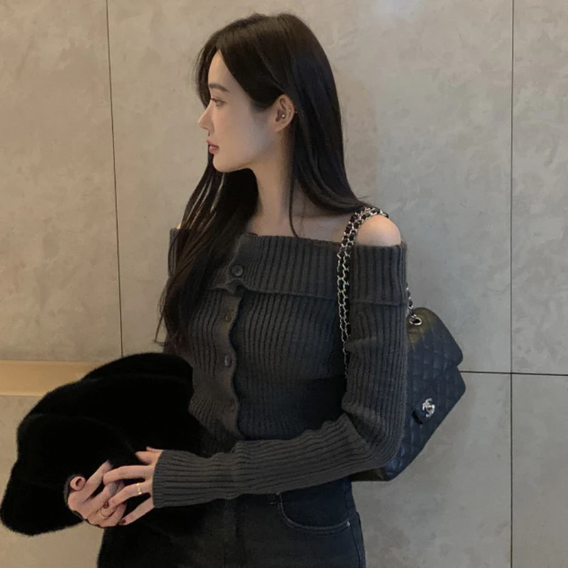 Korejpaa Korea Chic Winter Clothes Gentle Cardigans Women Off Shoulder Turn-down Collar Sweaters Slim Knitted Cardigan Feminino