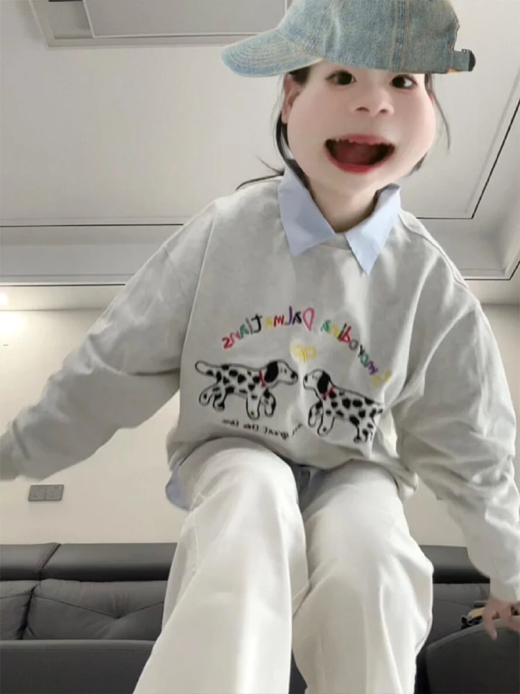 레트로 아메리칸 카툰 스팟 도그 라운드 넥 스웨트셔츠 여성용 봄 가을 루즈 오버사이즈 롱 슬리브 탑 시크 홍콩 스타일