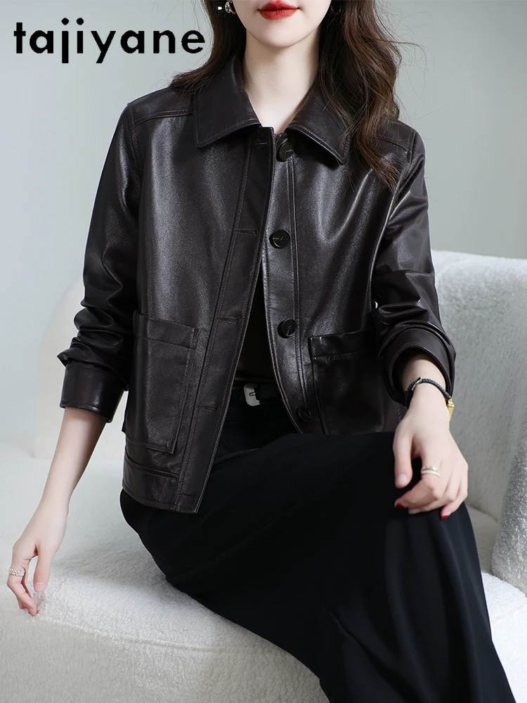 TAJIYANE طبقة علوية من جلد الغنم سترات من الجلد الطبيعي للنساء سترة جلدية حقيقية غير رسمية معطف قصير للسيدات 2025 ملابس الخريف 신상АКю터