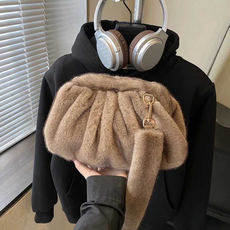 

Зима-Осень, морщинистая сумка через плечо с облаком, удобная и универсальная текстурированная сумка на плечо, женская модная простая пушистая сумка-ракушка