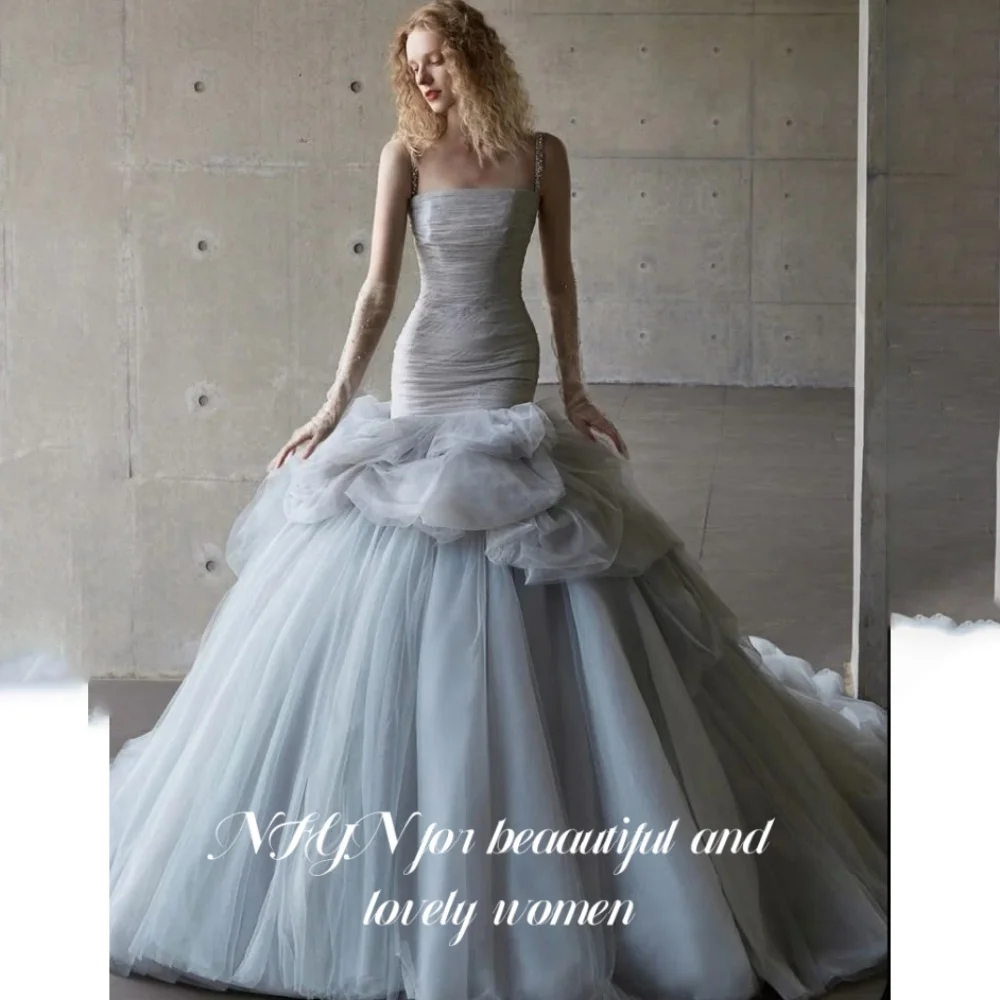 

NFYN Gray Blue Elegant Prom Dress Strapless Backless Prom Gown Pleating A-line Party Evening Dresses robes du soir Customized