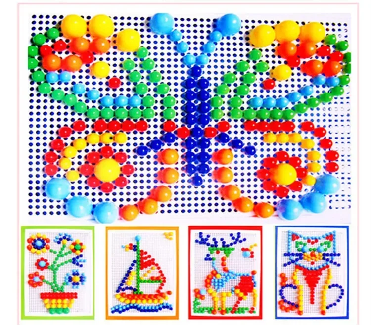 [Funny] DIY Mushroom Nails Jigsaw Puzzle Game Creative Mosaic Pegboard baby Educational Toys basket+Pegboard+296pcs nails sets