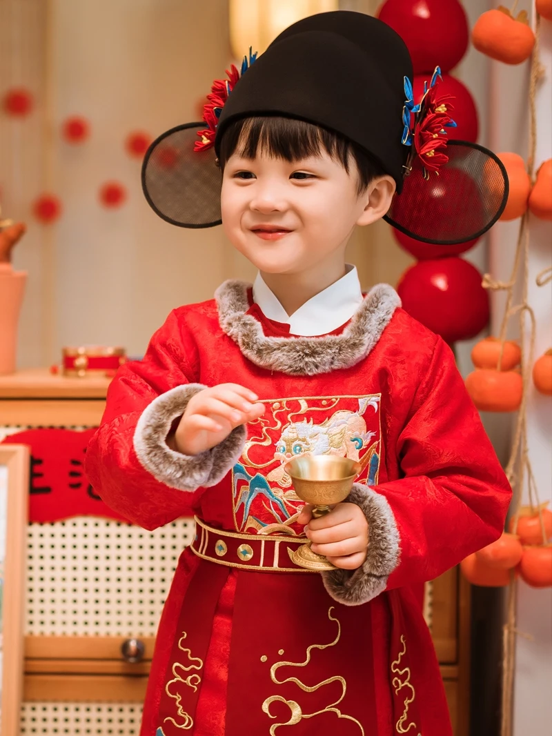 هانفو تانغ زي للأولاد ، ملابس العام الجديد ، زي تانغ ، ثوب برقبة مستديرة ، على الطراز الصيني ، الشتاء ، هانفو ، بطل احتفالي ، سنة التنين