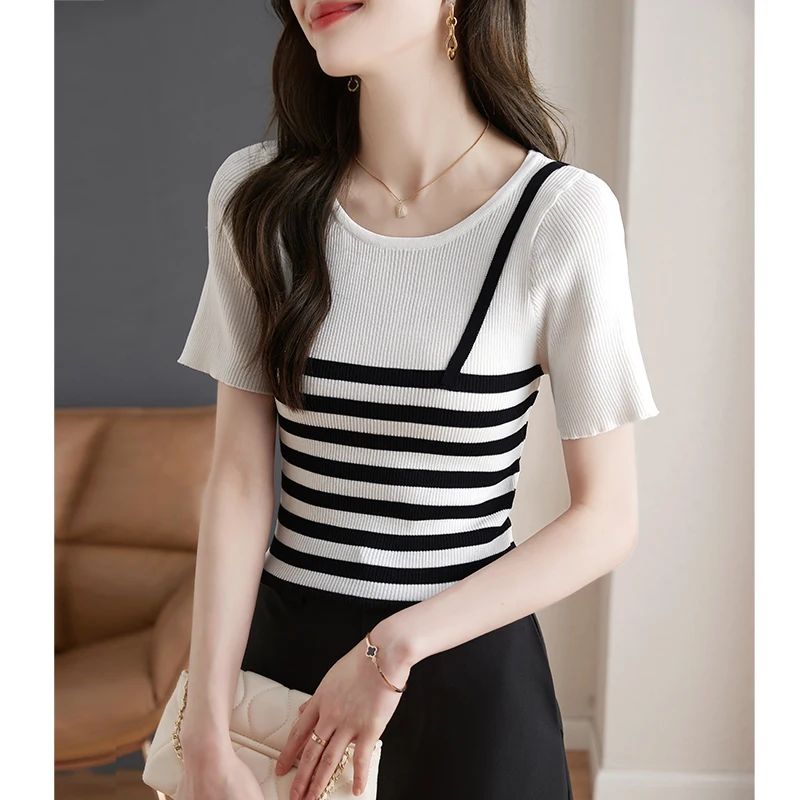 2023 Summer New Versatile Fake Two Piece Stripe Knits Contrast Color T-shirt Women's Summer Thin Short Sleeve T-shirt Top Women