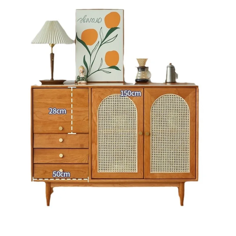 Nordic solid wood dining side cabinet cherry wood rattan wine cabinet retro simple storage locker kitchen wall locker