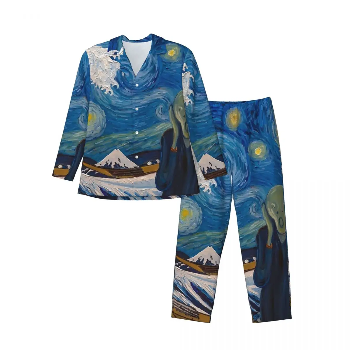 Van Gogh Starry Night Sleepwear Autumn The Great Wave Vintage Oversized Pajama Sets Men Long Sleeve Kawaii Room Design Nightwear