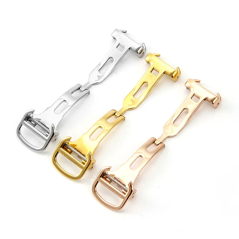 14mm 16mm 18mm 20mm 304L Stainless Steel Watch Strap for Leather Watch Band Metal Folding Butterfly Watch Clasp Accessories