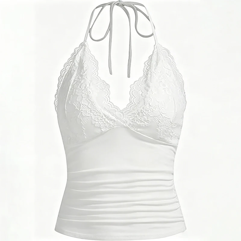 New sexy lace V-neck tank top women's summer outfit sexy rock punk gothic style backless pleated short top street style Y2K clot