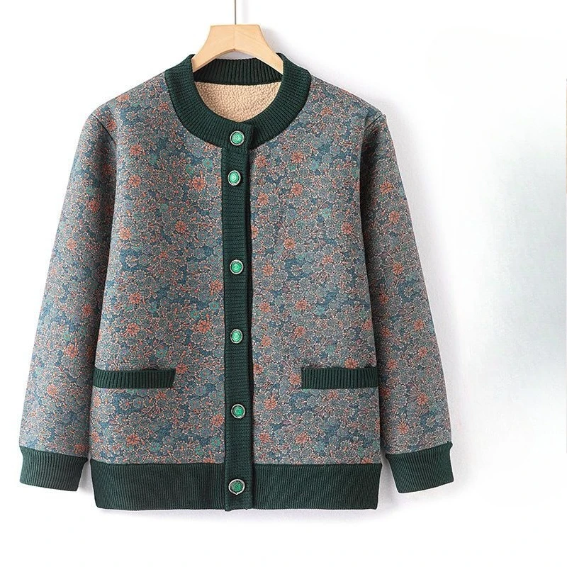 Women's Spring Autumn Blouse Jacket Cardigan Printed Velvet Thickened Warm Middle-aged Simple Comfortable Soft Niche Versatile