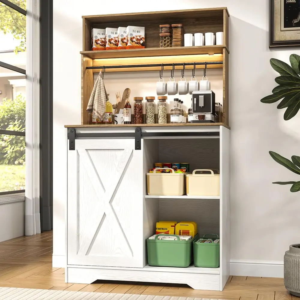 

Белый кофейный бар-шкаф с LED-подсветкой, 55-дюймовая тумба-стеллаж для пекарни с местом для хранения, большой кофейный буфет с 6 крючками, кухонный буфет-сервант