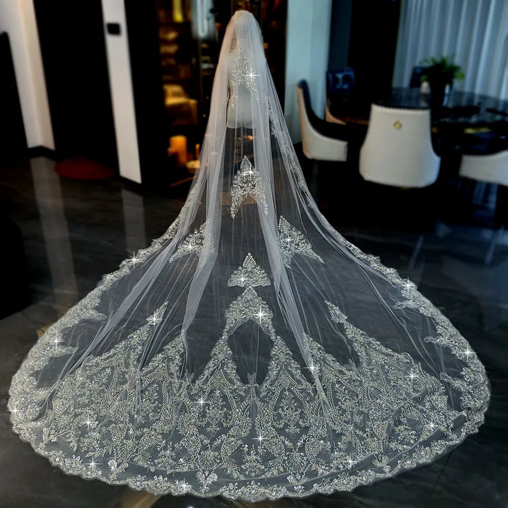 Exquisite Mantilla Wedding Veils with Comb Crystal with Applique Beads Long Cathedral Bridal Veils Real Pictures L&P DQL Studio image 6