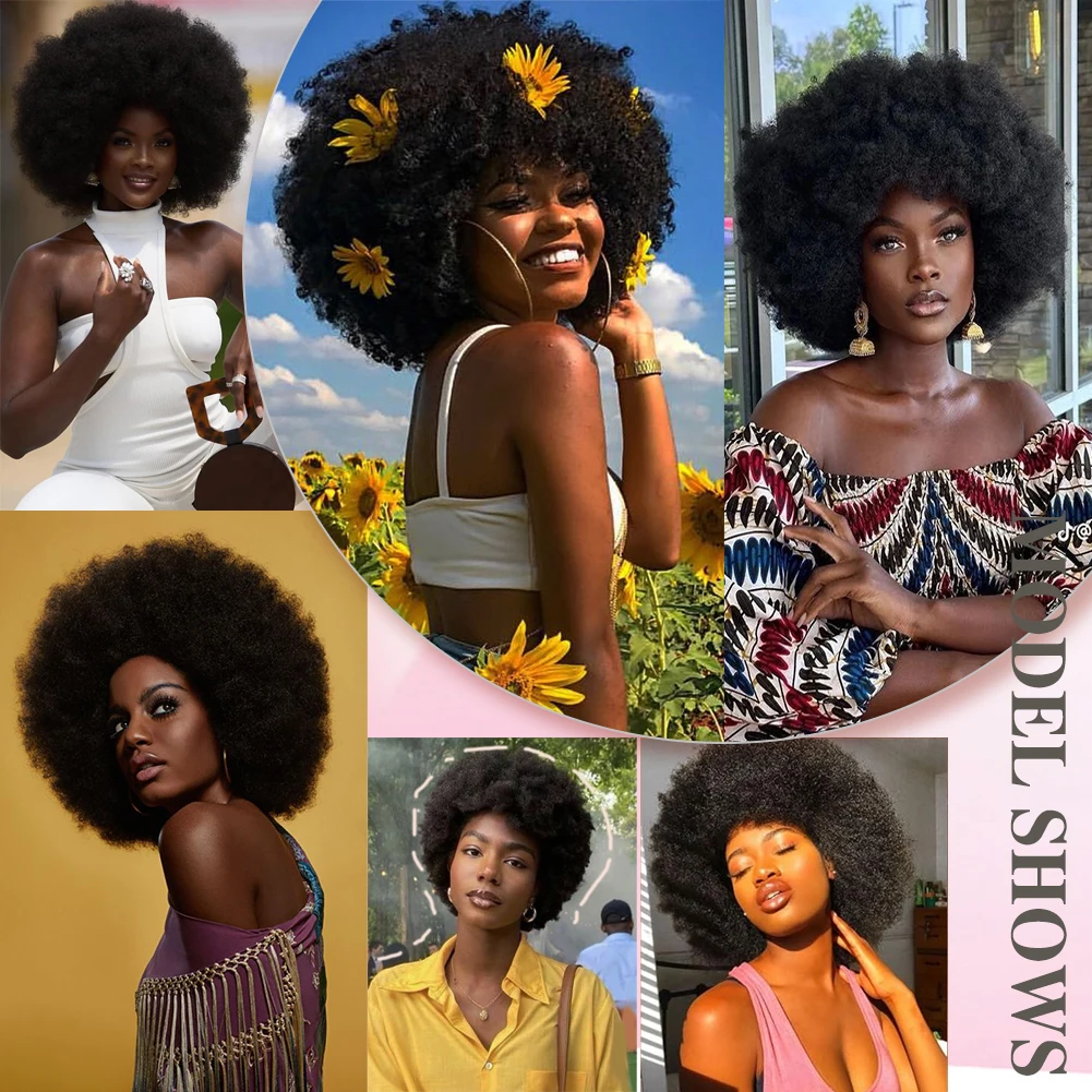 Perucas afro para mulheres negras, curtas, encaracoladas, afro, encaracoladas, macias e naturais, pretas, cabelo humano, grande, saltitante para cosplay e diariamente