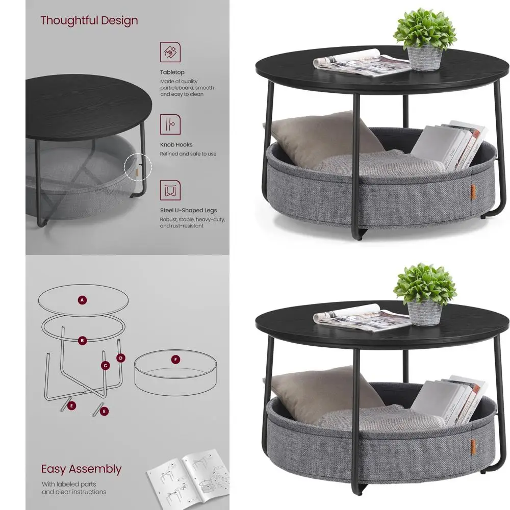 

Круглый журнальный столик с местом для хранения, центральный столик для гостиной, тканевая корзина, современный стиль, металлические ножки, цвет черный эбен и серый