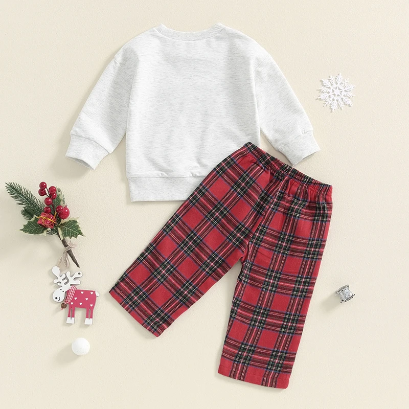 2024-06-13 Lioraitiin 6M-4Y Boys Girls Christmas 2PCS Outfit Sets Long Sleeve O Neck Letter Embroidery Tops Plaid Pants Sets