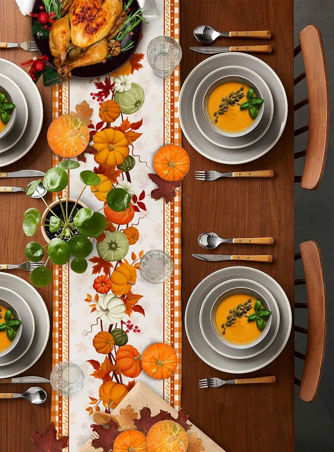 Fall Pumpkins Maple Leaves Linen Table Runner Holiday Party Decor Washable Autumn Thanksgiving Table Runners Kitchen Table Decor