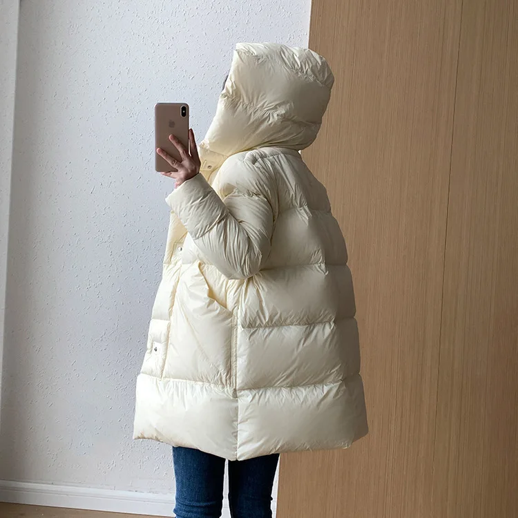 BZVW White Duck Down Jacket Women's 2024 Winter New Clothing Hooded Solid Color Belt Gathered Waist Casual Coats Female 25Z1746