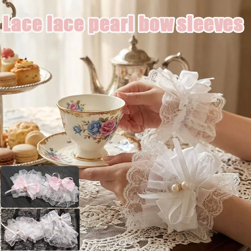 1Pairs Sweet Lolita Lace Wrist Cuffs Pearl Bowknot Ruffle Hand Sleeve for JK Costume Cosplay Party Decor