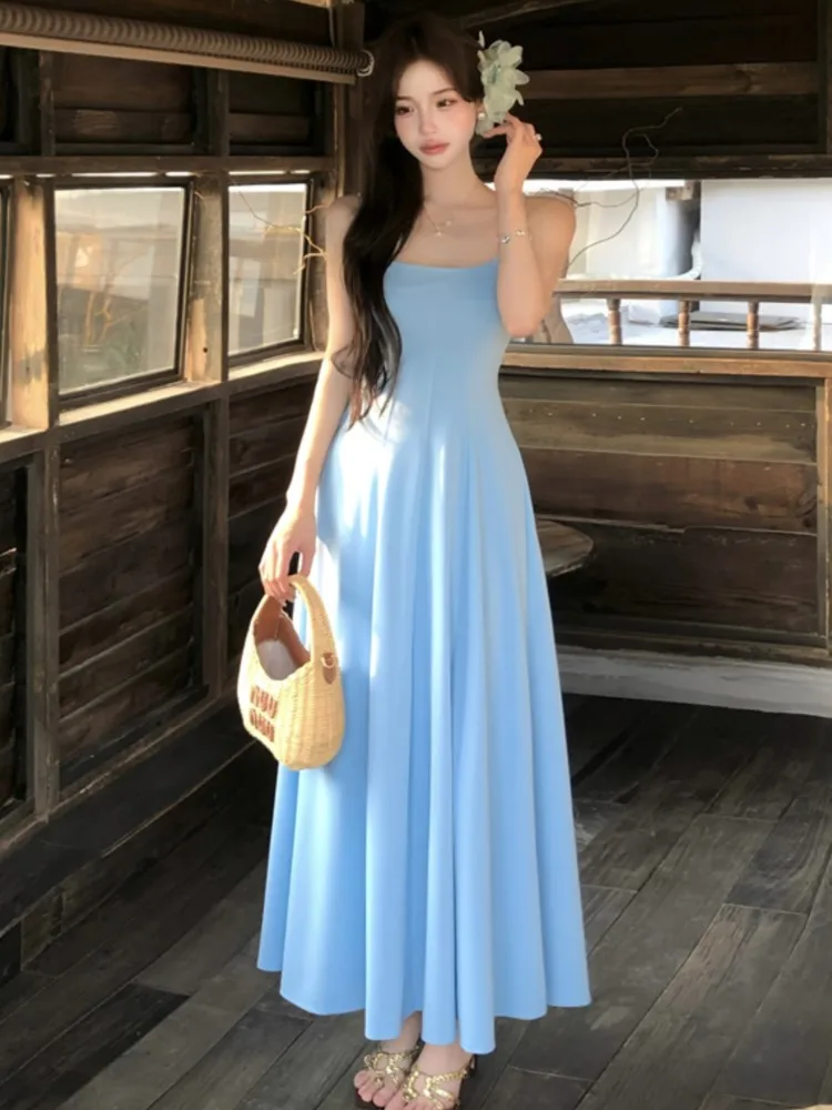 

Women French Solid Evening Dresses Elegant Blue Long Party Dress Spaghetti Strap Sleeveless Summer Office Lady Vestidos Summer